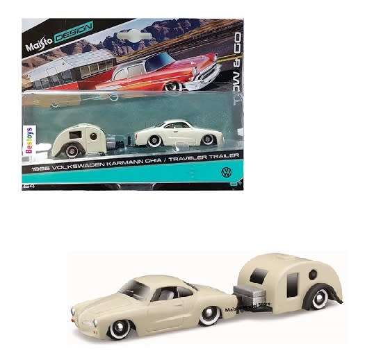 Maisto Diecast Model Car Design Tow & Go VW Volkswagen Karmann Ghia 1966 + Traveler Trailer Camper