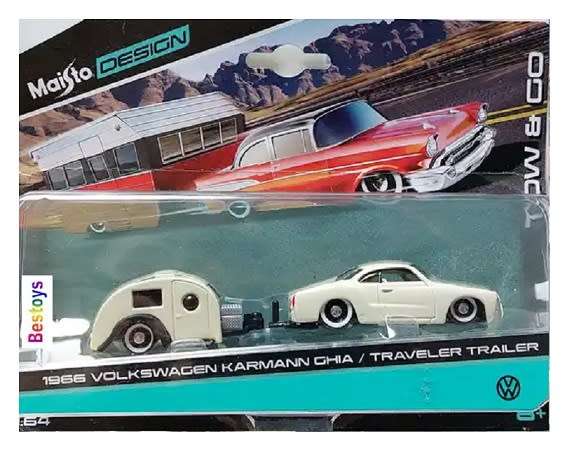 Maisto Diecast Model Car Design Tow & Go VW Volkswagen Karmann Ghia 1966 + Traveler Trailer Camper