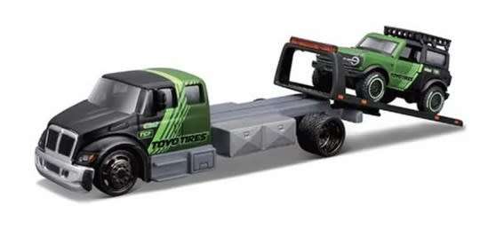 Maisto Elite Transport International Durastar Flatbed Truck + Ford Bronco Wildtrak 2021 `Toyo Tires`