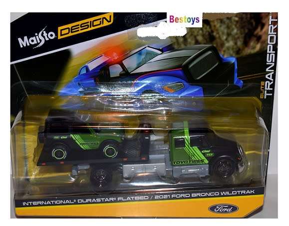 Maisto Elite Transport International Durastar Flatbed Truck + Ford Bronco Wildtrak 2021 `Toyo Tires`