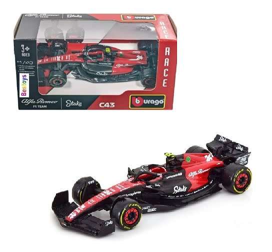 Burago Diecast Model Car 38085 Formula 1 F1  Alfa Romeo No 24 Zhou 2023 GP `Stake` 1/43 scale