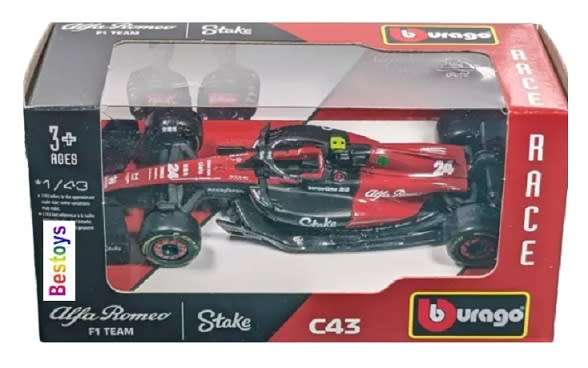 Burago Diecast Model Car 38085 Formula 1 F1  Alfa Romeo No 24 Zhou 2023 GP `Stake` 1/43 scale