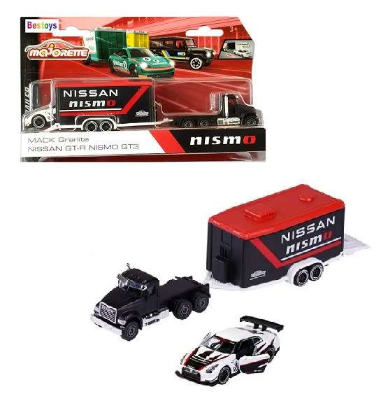 Majorette Diecast Model Car Race Trailer Set Mack Granite Truck + Nissan GT R Nismo GT3 + Trailer