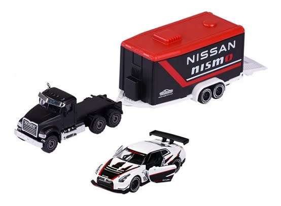 Majorette Diecast Model Car Race Trailer Set Mack Granite Truck + Nissan GT R Nismo GT3 + Trailer
