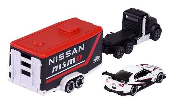 Majorette Diecast Model Car Race Trailer Set Mack Granite Truck + Nissan GT R Nismo GT3 + Trailer