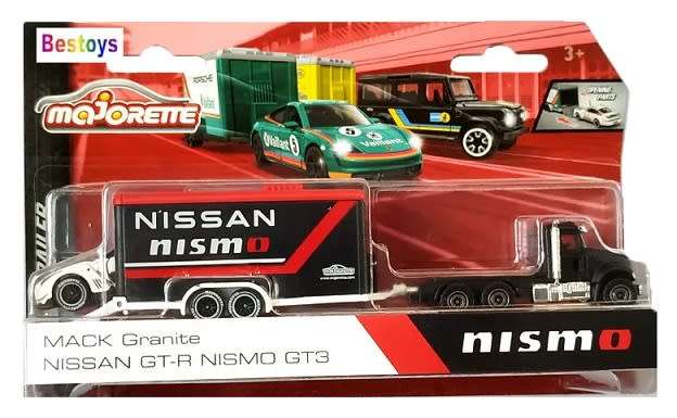 Majorette Diecast Model Car Race Trailer Set Mack Granite Truck + Nissan GT R Nismo GT3 + Trailer