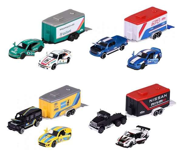 Majorette Diecast Model Car Race Trailer Set Porsche Taycan Turbo S + Porsche 934 + Trailer `Vaillan