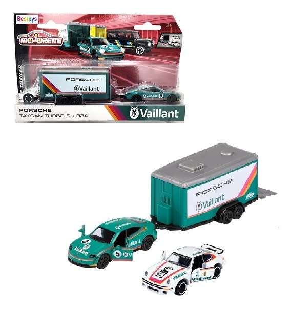 Majorette Diecast Model Car Race Trailer Set Porsche Taycan Turbo S + Porsche 934 + Trailer `Vaillan