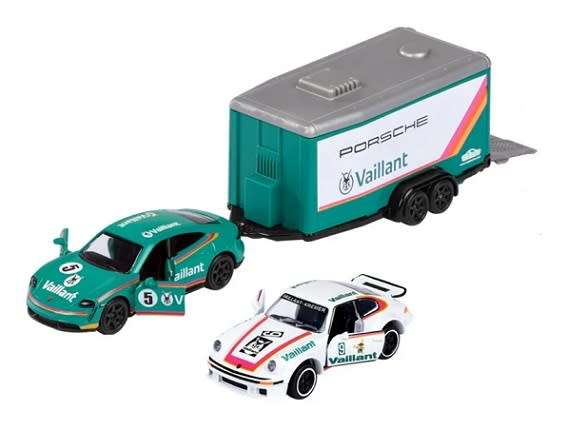 Majorette Diecast Model Car Race Trailer Set Porsche Taycan Turbo S + Porsche 934 + Trailer `Vaillan