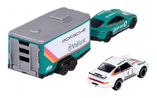 Majorette Diecast Model Car Race Trailer Set Porsche Taycan Turbo S + Porsche 934 + Trailer `Vaillan