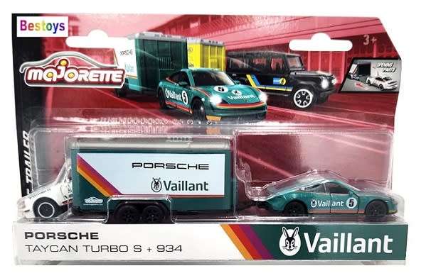 Majorette Diecast Model Car Race Trailer Set Porsche Taycan Turbo S + Porsche 934 + Trailer `Vaillan