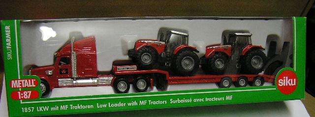 Siku 1857 , 1/87 HO scale truck and lowbed trailer with 2 x Massey Ferguson tractors , new in box