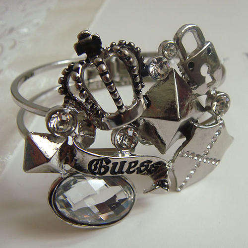 Guess Silver Crown Lock Crystal Bangle Bracelet