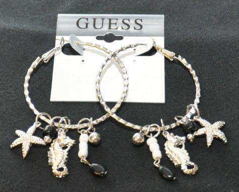 GUESS!!CHARM GUESS SEA MIX EARRINGS 2 INCH HOOP SILVERTONE