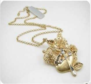 GUESS!! New Guess Rose Crown Cross Charm Chain Gold Necklace - New With Tags