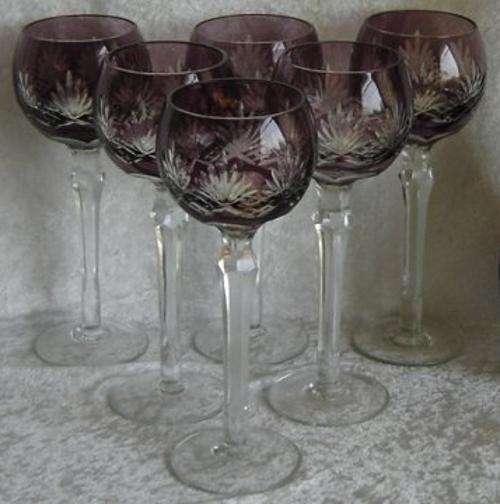BOHEMIAN (?) AMETHYST OVERLAY CUT GLASS GLASSES x 6