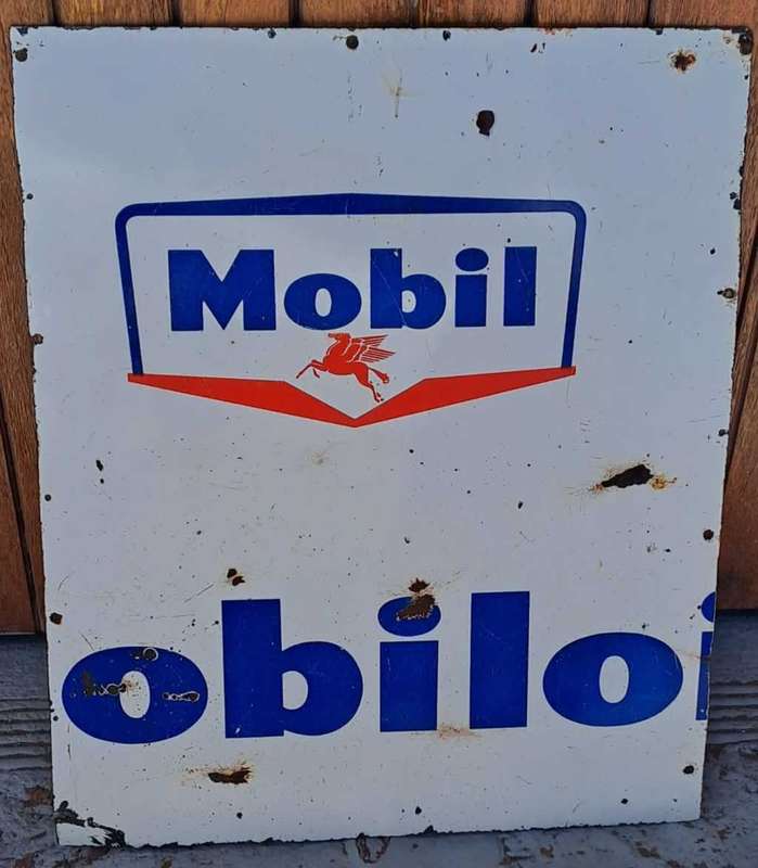 Double sided vintage enamel Mobil sign.