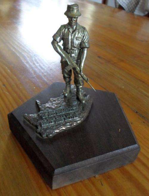 SADF Border Trooper Statue - Brass Like metal on wood plinth with Bronze plate