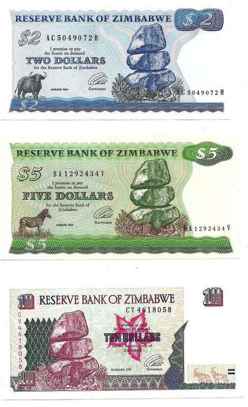 Zimbabwe $2, $5 and $10 - circa 1994 - very nice condition
