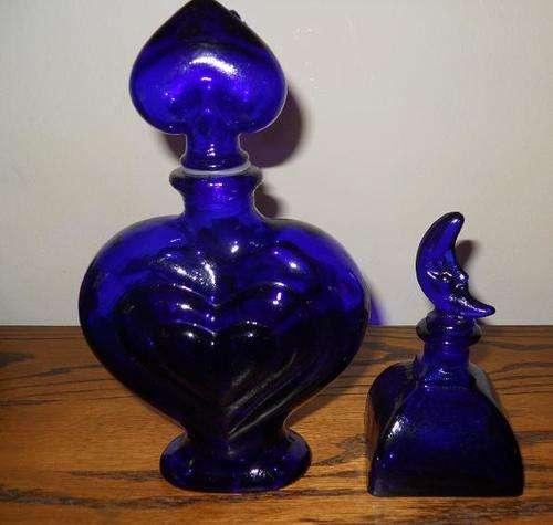 2 x Blue Glass Bottles with stoppers