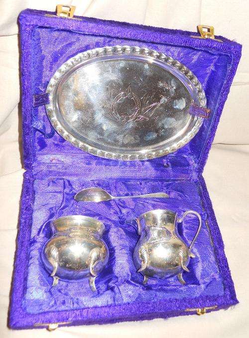 Gorgeous Boxed Silver Plated Small Jug and Sugar Bowl with Small tray and spoon