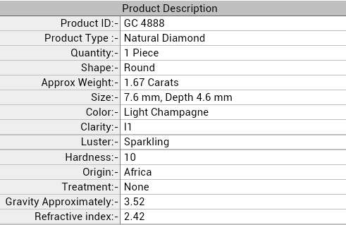 1.67 ct light champagne certified diamond erv R295690