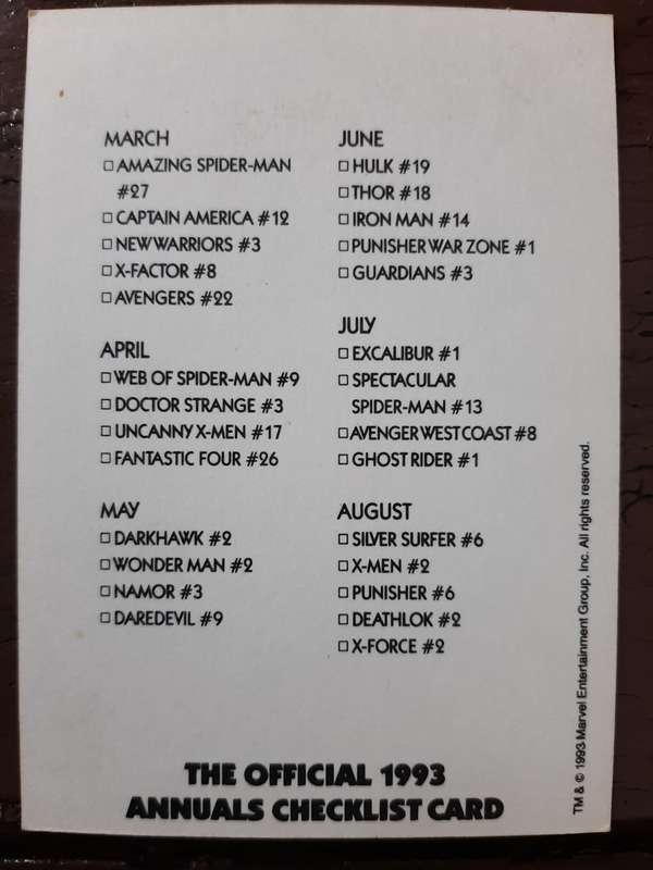 Marvel 1993 Annuals check list card March to August