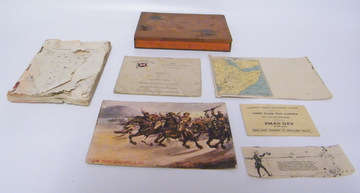 War Memorabilia - Military Booklet, postcards, meal ticket, poem and cinema pass in a metal tin