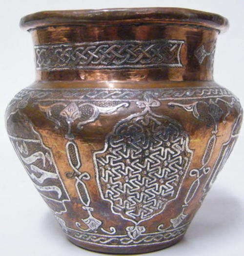 Vintage Copper HAND MADE and Decorated Vase with Silver Inlay and brass joins - RARE and Beautiful!