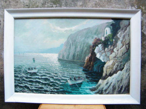 LARGE Original Sea, Cliff, Cave Scene with boats - 99x69cm - canvas on board - Signed by the artist