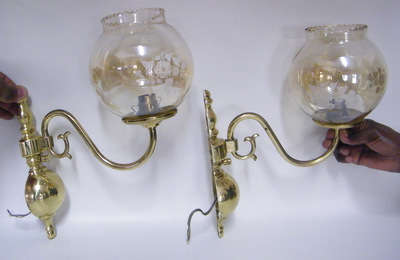 A pair of brass wall lights with glass shades - Just beautiful!