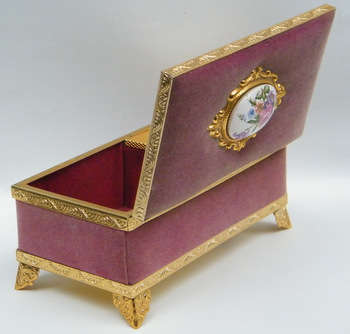 Lovely Musical Jewelry Box with Velvet and Tin Plaque with hand painted decoration