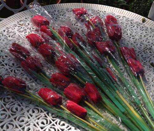Red Tulips Silk Flowers - Long stemmed (1.15m) with 4 large Tulip Heads - As New, Never Used!