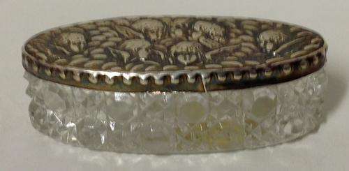 Hallmarked Silver - Oval Glass Container with HS lid with winged cherubs - Birmingham 1906, 4.7g