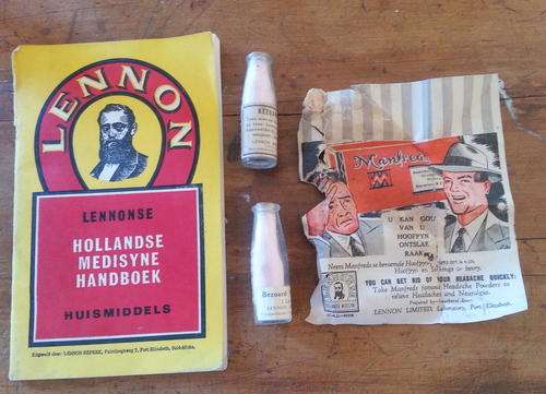 Vintage - Lennons Dutch Medicine Book in Afr and Eng & 2 glass bottles with Lennons Bezoard powder