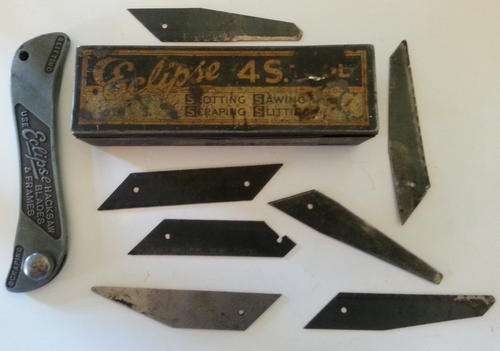 Antique Eclipse 4S cutting and sawing utility tool, in ORIGINAL METAL TIN - with 7 original blades