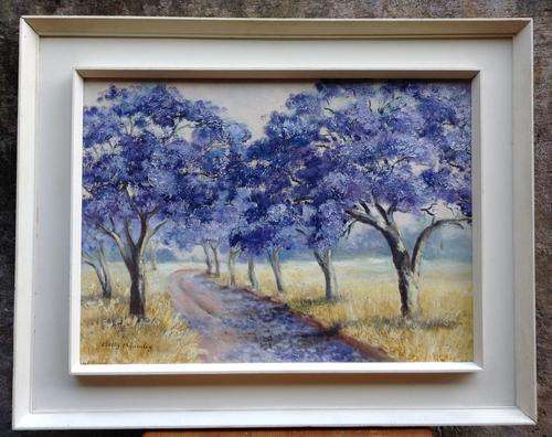 Original Oil on Board of a lane of Jacaranda Trees - Signed by artist Betty Bromley, Original Frame