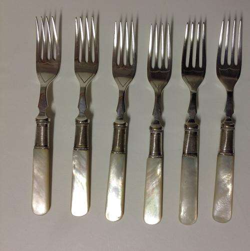 6 X Mother of Pearl forks with Engraved Blades and possibly Solid Silver Collars - Delightful!