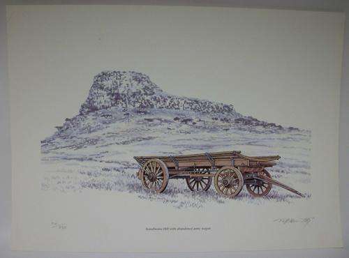 Jeff Huntley (SA ?- 2008)- Pencil signed  - Isandlwana Hill with abandoned army wagon