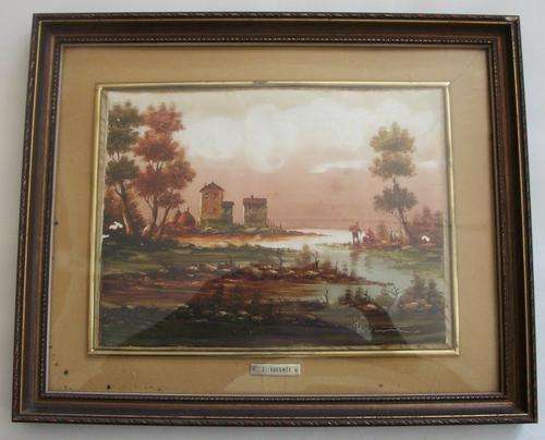 F Valente - Antique Painting of Fisherman behind CONVEX Glass - Nicely Framed