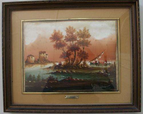 F Valente - Antique Painting of Fisherman and boat behind CONVEX Glass - Nicely Framed