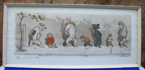 Boris O Klein (1893 - 1985) - Hand signed etching - Dirty Dogs of Paris - Dogs peeing against wall