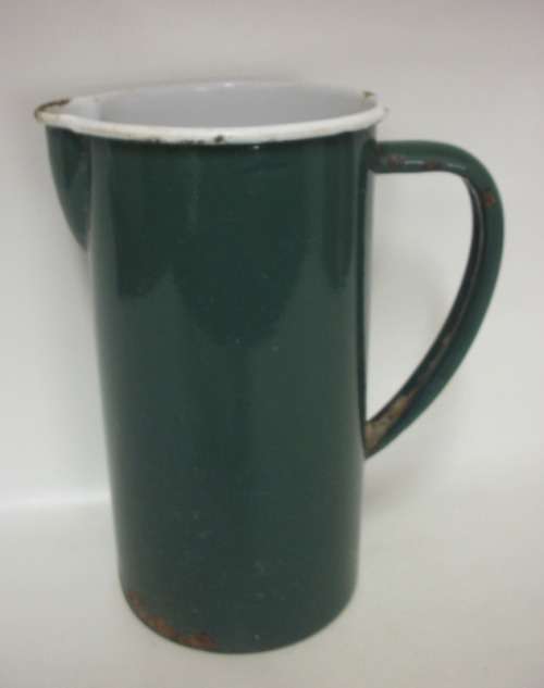 Large Authentic Vintage Green and White Enamel Jug - 29 cm tall