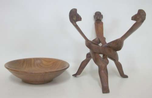 Intricately Carved Wooden Stand and Bowl - 19cm tall