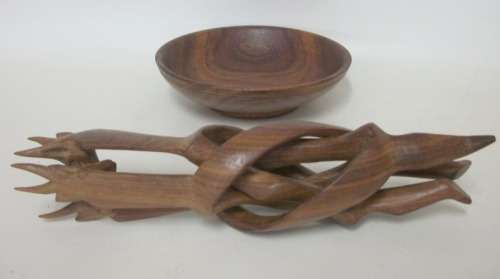 Beautifully Carved Stand with Buck Heads, supporting wooden bowl