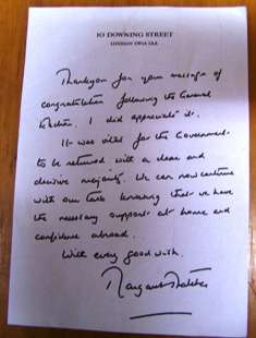 Handwritten Note from Margaret Thatcher on 10 Downing Street Letterhead