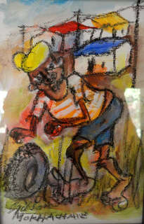 Gibson Mokhachane (1941 SA) - Signed, Framed - Township Scenes with Figures (No 3) -LOW Start!!