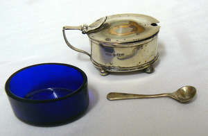 Hallmarked Silver - Mustard Pot with hinged lid & spoon - Bristol Blue Glass liner - R1 N/R!!!