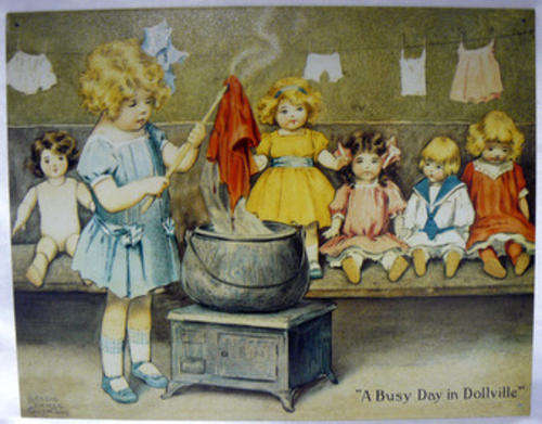 Superb Nostalgic Enameled Tin Sign - "A Busy Day in Dollville" - Stunning!