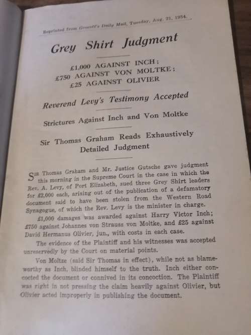 JUDGMENT GREY SHIRT: Libel Action at Grahamstown - Reverend A Levy vs Von Moltke, Inch and Olivier